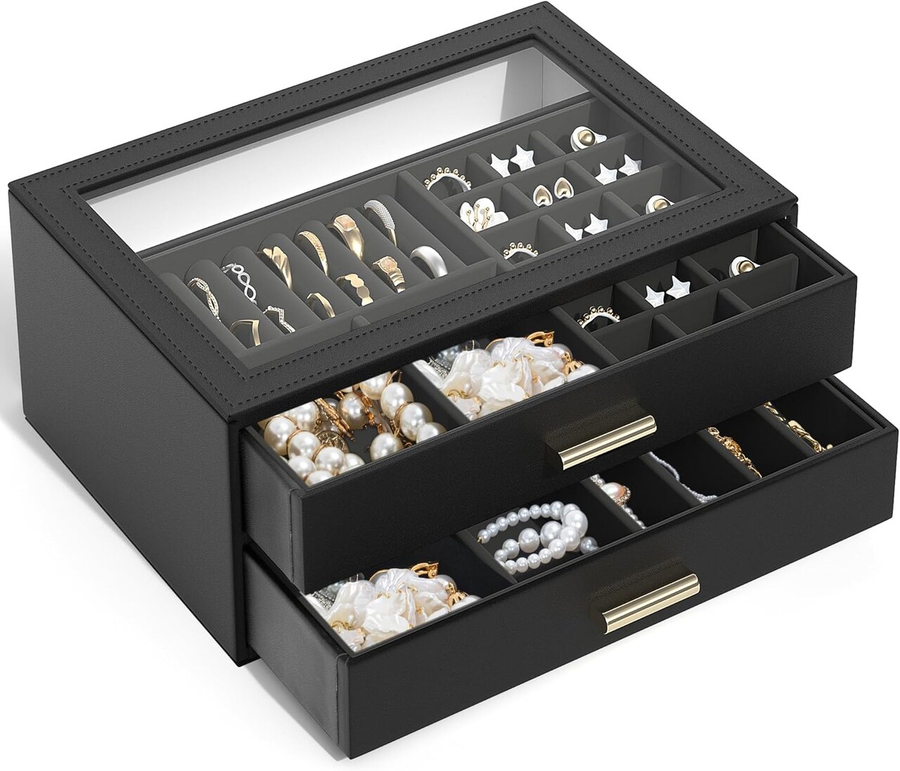 ewelry Box with Clear Lid Functional Leather Jewelry Storage Organizer Case 2 Drawers for Women Girls Necklace Ring Bracelet Earring